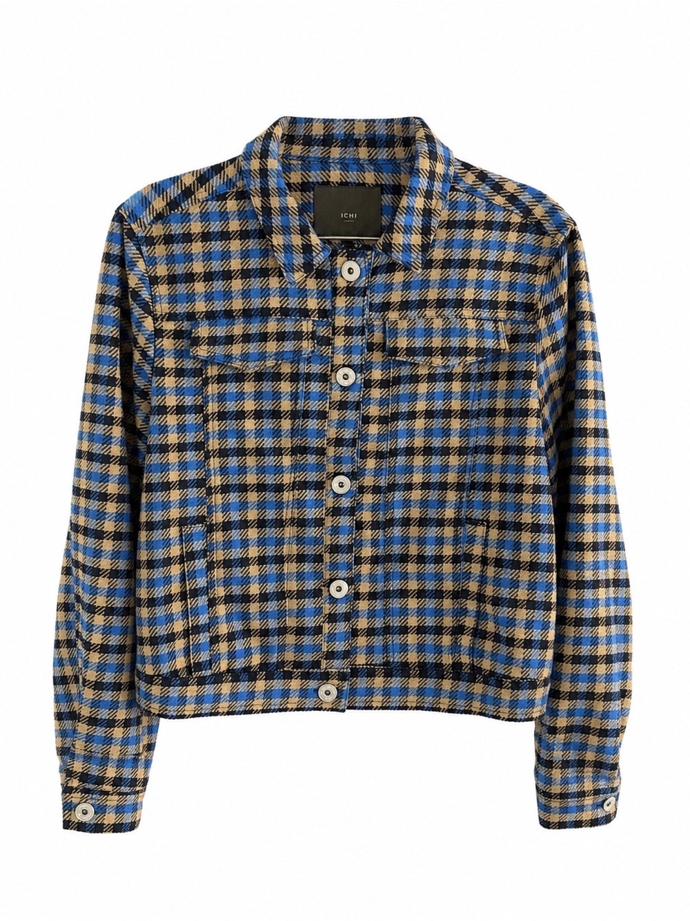 ICHI Blue & Beige Checkered Button-Up Jacket - Size 36 Like New Size S